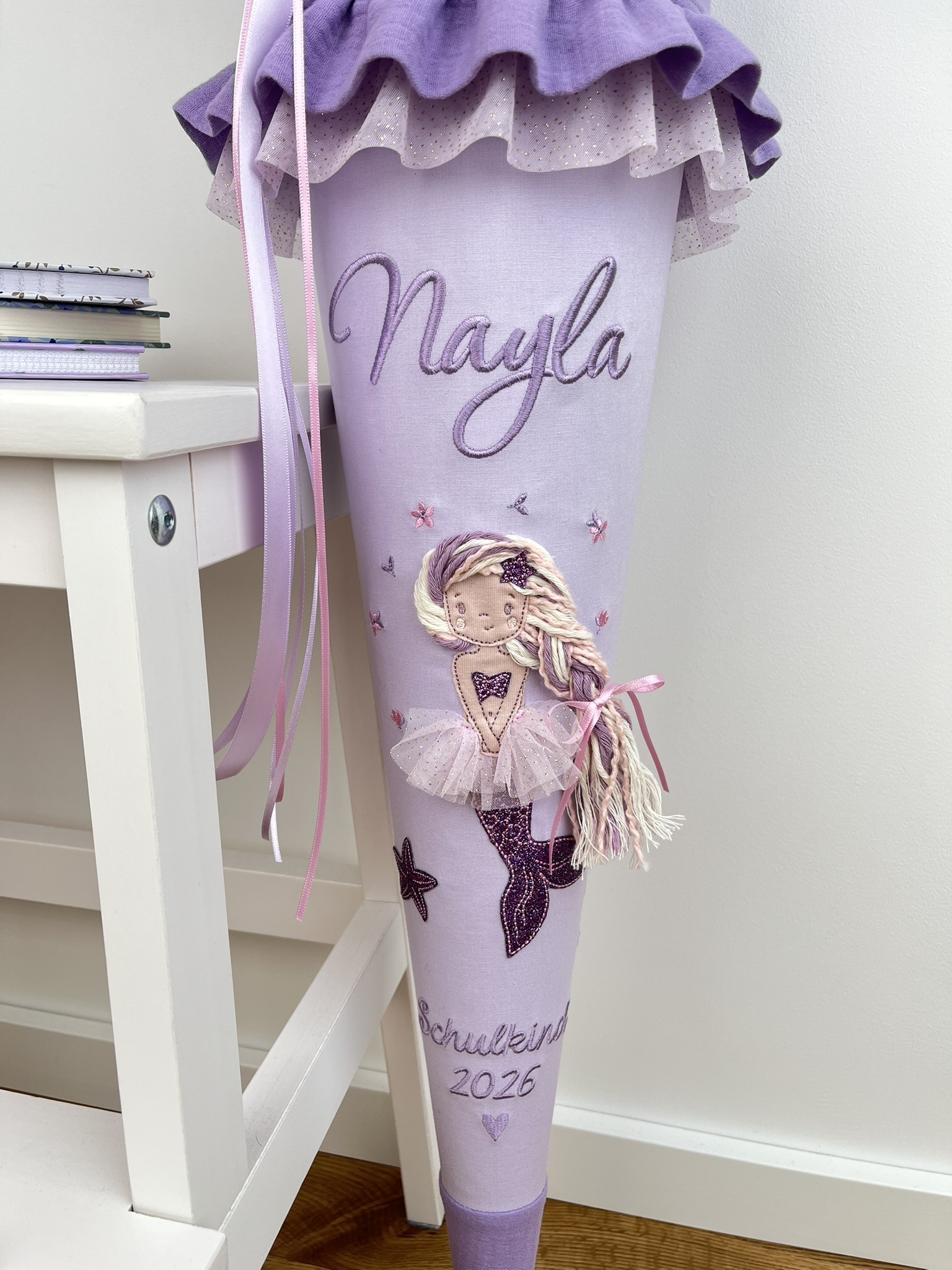 Schultüte „Meerjungfrau“ – Flieder & Lila mit Glitzer & Tüll