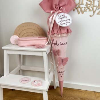 Schultüte Schmetterlinge Rosa Apricot Musselin – personalisiert