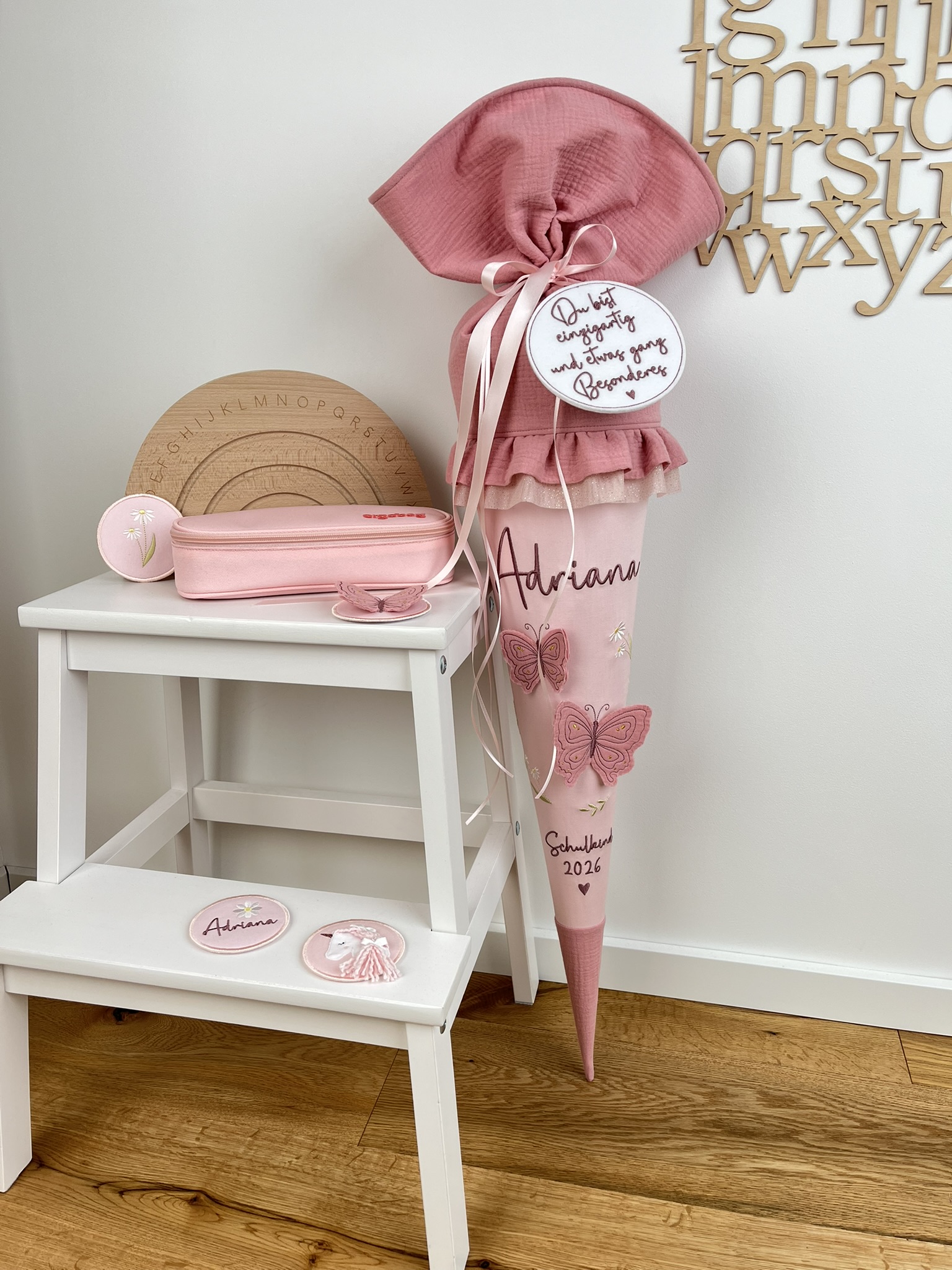 Schultüte Schmetterlinge Rosa Apricot Musselin – personalisiert