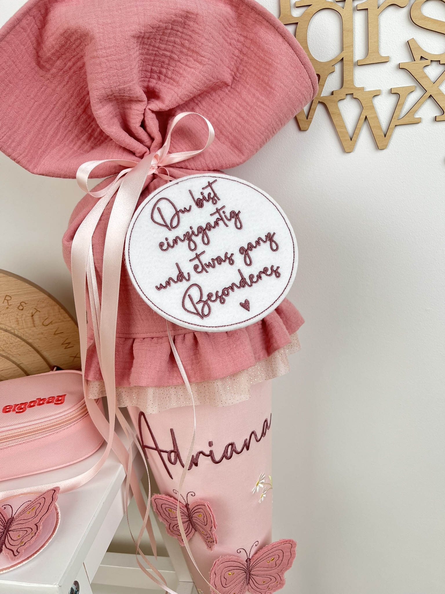 Schultüte Schmetterlinge Rosa Apricot Musselin – personalisiert