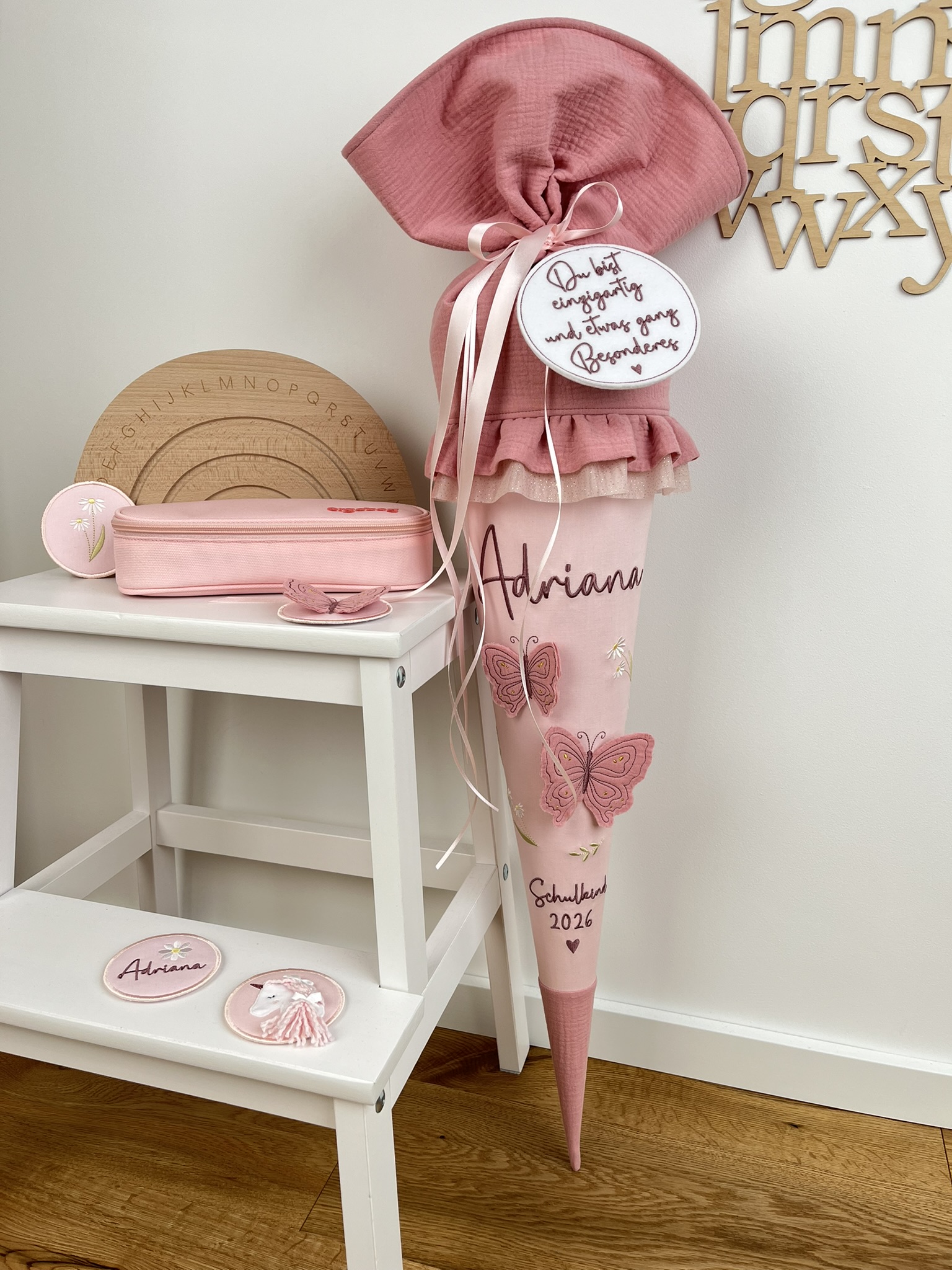 Schultüte Schmetterlinge Rosa Apricot Musselin – personalisiert
