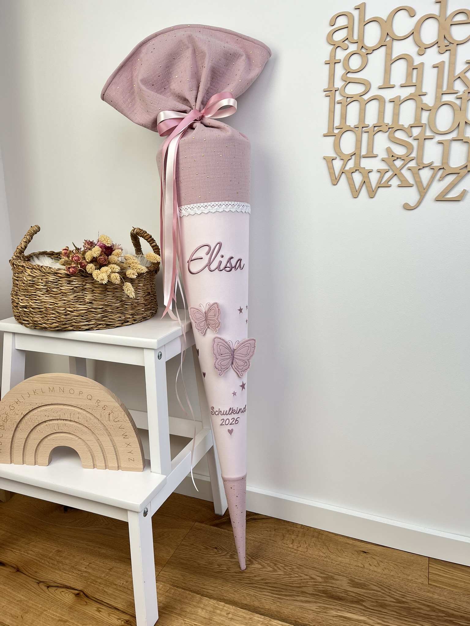 Schultüte Schmetterling Rosa Musselin – personalisiert