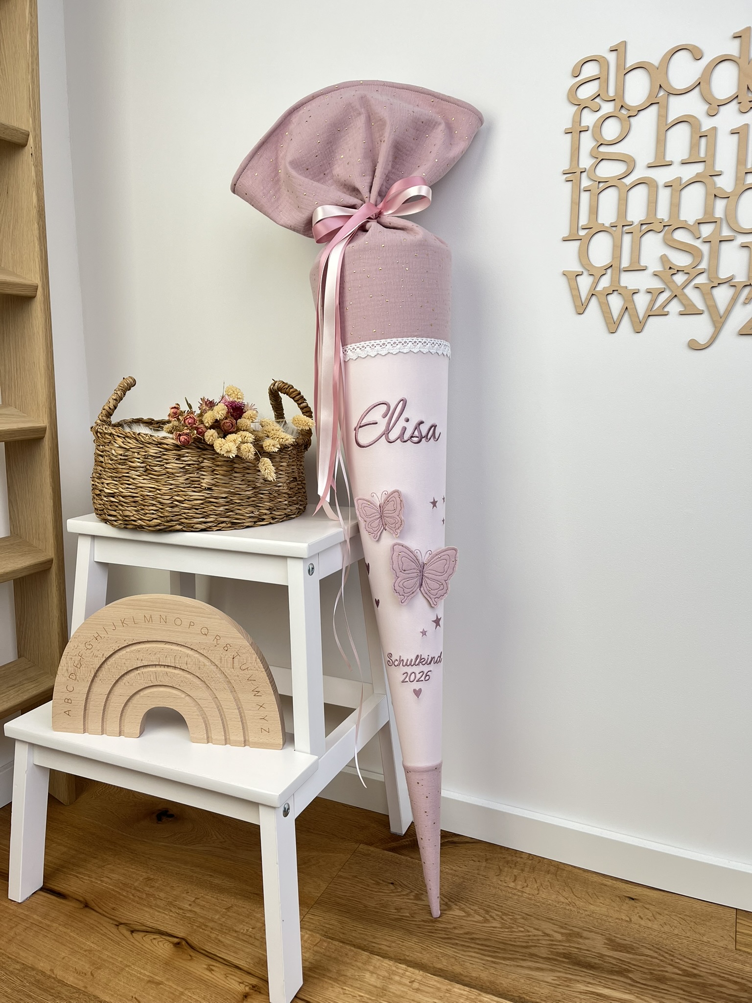 Schultüte Schmetterling Rosa Musselin – personalisiert